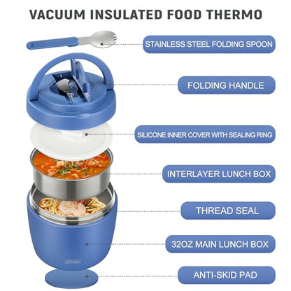 wiwens Thermo Food Jar for Hot Food Adults 32OZ Soup Thermo Lunch Containers Wide Mouth Vacuum Insulated Stainless Steel Leakproof Bento Box with Spoon (Blue) - color: Blue