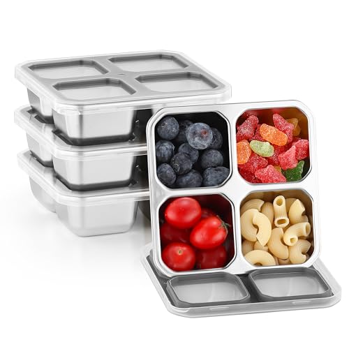 BEFOY 4 Pack stainless steel snackle box with Lids 4 Compartment Food Storage Containers for Adults & Kids Meal Prep Containers Reusablele (Gray, 4) - color: Gray, size: 4
