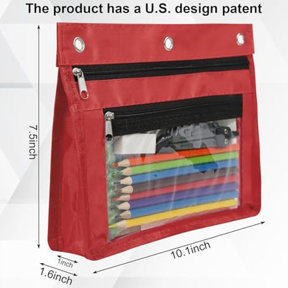 YoeeJob 2 Pack 1 Inch Expandable Zipper Pencil Pouches with Clear Window for 3 Ring Binder, Suitable for School & Office（Red） - color: Red