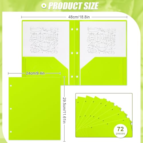 Yeaqee 72 Pcs Plastic Folders with Pockets Bulk 3 Hole Punched 2 Pocket File Folders for 3 Ring Binder Divider Folder for Notebooks, Durable Poly for Office Home (Neon Green) - color: Neon Green