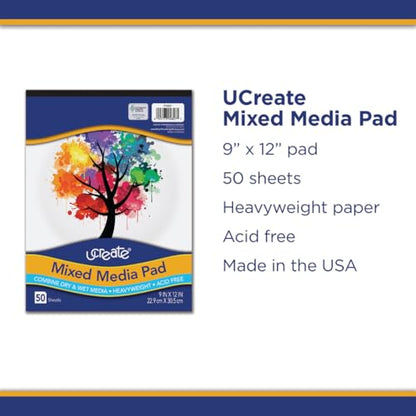 UCreate Mixed Media Pad, White, 9" x 12", 50 Sheets