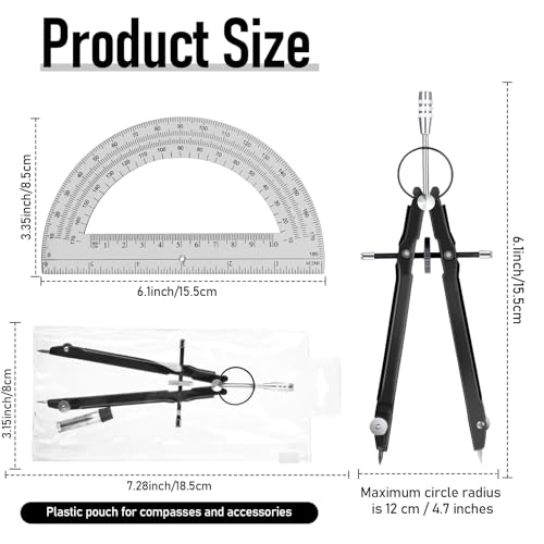 EBOOT Student Geometry Math Set, Metal Drawing Compass and 6 Inch Clear Swing Arm Protractors 180 Degree Math Protractor(Black and Black) - color: Black and Black