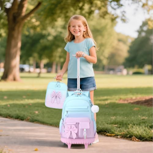 DIGOBAY Rolling Backpack for Girls, Cute Roller School Bag with Wheels, Kids Wheeled Backpacks Set with Lunch Bag Pencil Case for Teen Girls Kindergarten Elementary Middle School - color: Blue-purple