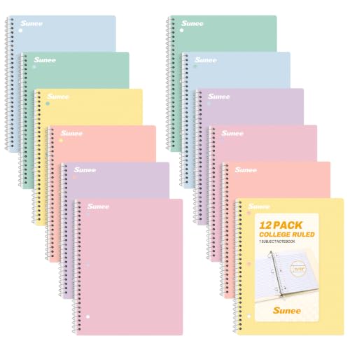 SUNEE Spiral Notebooks, 12 Pack, 1-Subject, College Ruled Paper, 8" x 10-1/2", 70 Sheets per Notebook, Assorted Pastel Colors Spiral Notebooks for School