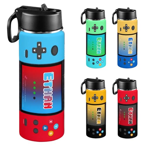 Personalized Game Water Bottle for Boys, Customized Kids Insulated Bottle with Name for Kids for School, Stainless Steel Thermo with Straw, 18oz - color: Game