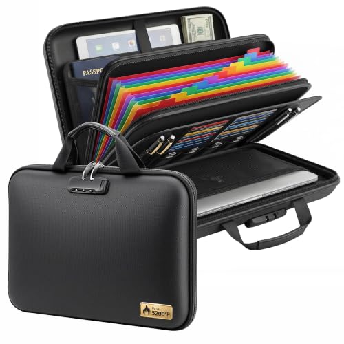 TILYMOL Fireproof Document Box (5200℉) - Upgraded Heat Insulated Layers, Hardshell Fireproof File Organizer with Lock and 13 Pockets Accordion File Folder, Portable for Home Office Travel Storage - size: Medium Hard Case