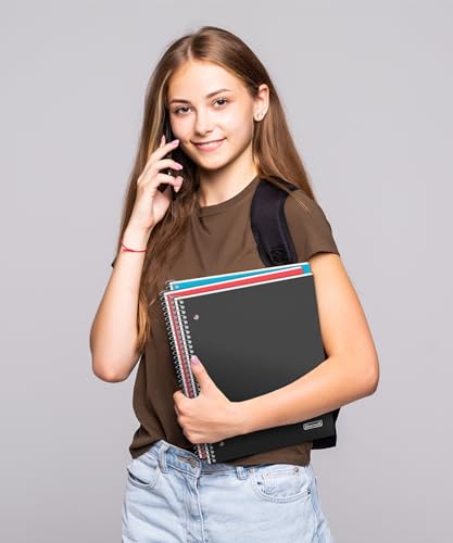 Dunwell 3-Subject Notebook College Ruled (Black), Spiral Notebook 8.5 x 11, Plastic Cover, 3 Pocket Dividers, 150 Sheets (300 Pages), 3-Hole Punched Perforated 8 1/2 x 11 Paper - color: Black