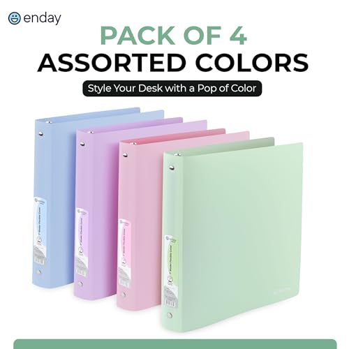 Enday 3 Ring Binder 1 inch (4 Pack) Pastel Flexible Binders Round Ring with Pocket, Holds 175 Sheets, for Home and School Supplies in Blue, Purple, Pink and Green – by Enday - size: 1-Inch