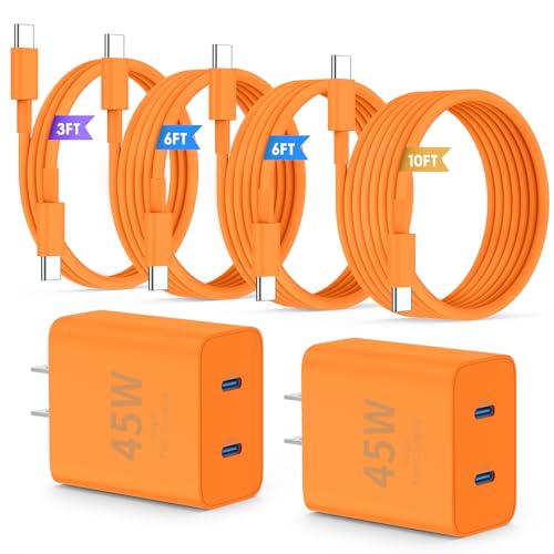 QZIIW Super Fast Samsung Charger Type C,45W Dual Port USB C Fast Charger Block [2-Pack] & Extra Long 60W 3/6/6/10FT USB C Cable - PD Quick Charging 3.0 for Samsung Galaxy S25 Ultra/S24+/S23 iPhone 17 - color: Orange, size: 3FT+6FT+6FT+10FT