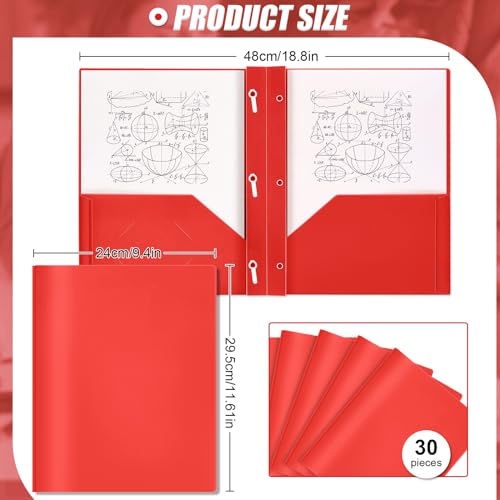 Yeaqee 30 Pcs Plastic Folders with Pockets and Prongs Plastic Folder 2 Pockets 3 Prongs with Card Slot for Office, School for Students, Teachers, Office Workers (Red) - color: Red