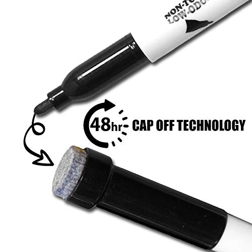 KleenSlate (72) Black Low Odor, Non toxic Dry Erase Marker with Eraser - Bonus 6 Adhesive Clips and 4 Microfiber Cleaning Cloths