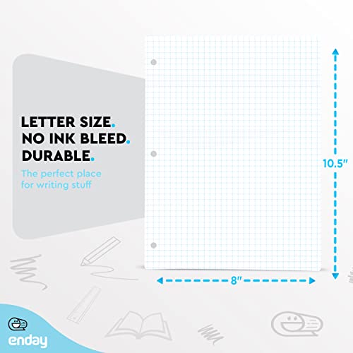 Graph Paper Loose Leaf Bulk, Quad Ruled Lined Filler Paper, Premium Quality Grid Paper, 3 Hole Punch Paper, Letter Size Writing Paper, 10.5 X 8 Inches, 500 Sheets - by Enday