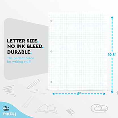 Graph Paper Loose Leaf Bulk, Quad Ruled Lined Filler Paper, Premium Quality Grid Paper, 3 Hole Punch Paper, Letter Size Writing Paper, 10.5 X 8 Inches, 500 Sheets - by Enday