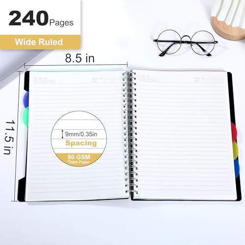 CAGIE 5 Subject Notebook with Dividers, A4 Spiral Notebook 8.5 x 11, 240 Pages Wide Ruled Notebook College Ruled, Large Hardcover Notebook for Note Taking for Work, School, Office, Black | College Ruled, Large Notebook, Notebook for Note Taking for Work,