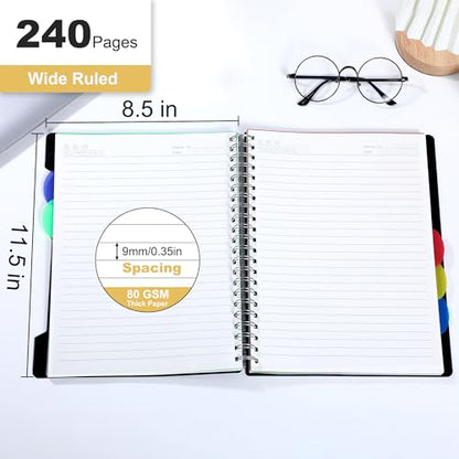 CAGIE 5 Subject Notebook with Dividers, A4 Spiral Notebook 8.5 x 11, 240 Pages Wide Ruled Notebook College Ruled, Large Hardcover Notebook for Note Taking for Work, School, Office, Black | College Ruled, Large Notebook, Notebook for Note Taking for Work,