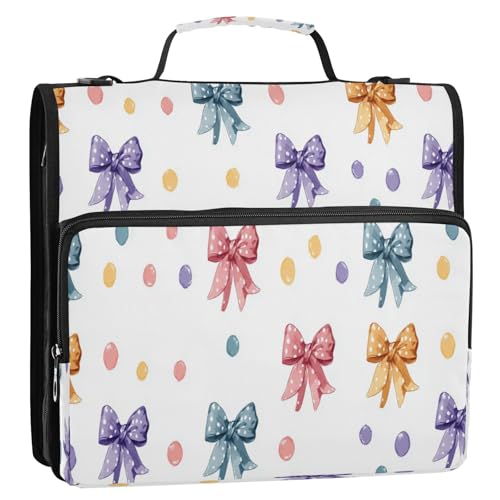 Caikeny 3 Ring Zipper Binder Colorful Bows Polka Dots Coquette 1.5 inch Binders Bag Expanding File Pockets with Shoulder Strap and Handle - color: Multicolored 1z83.1