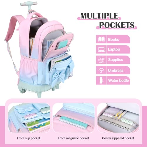 DIGOBAY Rolling Backpack for Girls, Cute Roller School Bag with Wheels, Kids Wheeled Backpacks Set with Lunch Bag Pencil Case for Teen Girls Kindergarten Elementary Middle School - color: Pink-blue