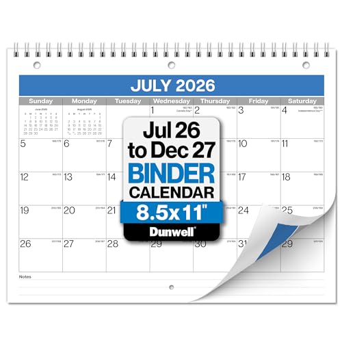 Dunwell 2026-2027 Calendar for 3 Ring Binder - 8.5x11, Jul. 2026 to Dec. 2027, 18 Months Desk Calendar with Premium Paper, 3-Hole Calendar for Office, School, 8.5" x 11" Planner Hanging on Wall