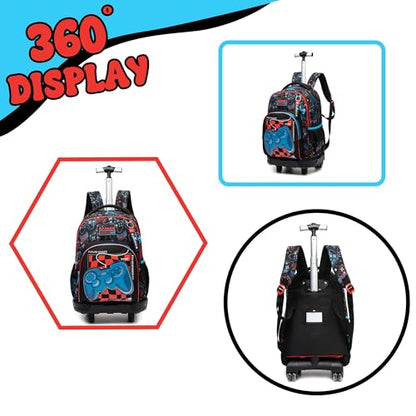 Rolling Backpack Boys Backpack with Wheels for Kids Roller Backpacks for Boys 8-12 School Backpacks for Elementary Bookbag with Lunch Box Back to School Supplies - color: Black Game