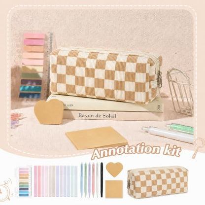 22Pcs Book Annotation Kit Aesthetic Pencil Case with Supplies School Annotation Supplies Gel Pen Transparent Sticky Note Taking Bible Study College Stationery Supplie (Beige Checkered) - color: Beige Checkered