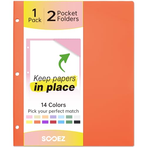 Sooez 2-Pocket Folders, Plastic Folders with Pockets 3 Hole Punched | 1 Pack Pockets Folder for 3 Ring Binder with Labels, Heavy Duty Binder Folder for Document, Letter Size File Folder,Orange - color: Orange, size: 1 Pack