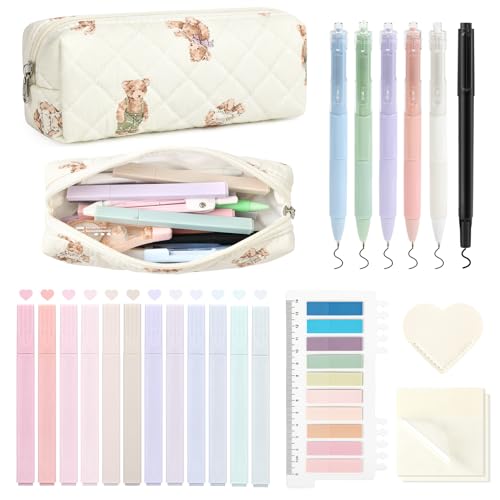 Aileam 22Pcs Book Annotation Kit Aesthetic Pencil Case with Supplies School Annotation Supplies Gel Pen Transparent Sticky Note Taking Bible Study College Stationery Supplie (Bear Cub Print) - color: Bear Cub Print