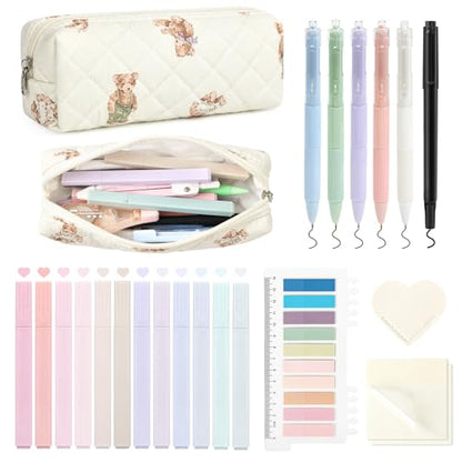 Aileam 22Pcs Book Annotation Kit Aesthetic Pencil Case with Supplies School Annotation Supplies Gel Pen Transparent Sticky Note Taking Bible Study College Stationery Supplie (Bear Cub Print) - color: Bear Cub Print