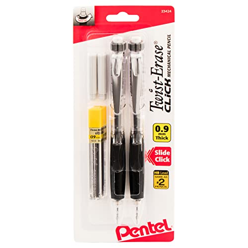 Pentel Twist Erase Click Automatic Pencil with 2 Eraser Refills and Lead, 0.9 mm, Assorted Barrels, Color May Vary, 2 Pack (PD279TLEBP2) - size: 2 Count (Pack of 1), style: 0.9 mm