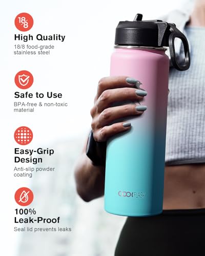 Coolflask 24 oz Insulated Water Bottle with Straw & 3 Leakproof Lids | Water Flask Stainless Steel Triple-Wall Vacuum, Cupholder Friendly, Cold 48+h, Dishwasher Safe, Non-BPA, for Gym & Hiking - color: Bubblegum Princess, size: 24 Ounces