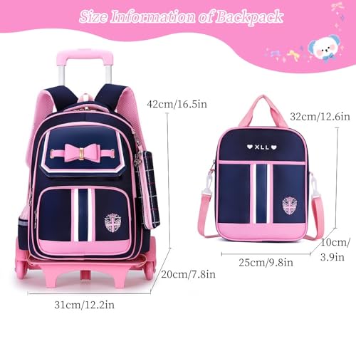 Rolling Backpack for Girls Cute Trolley Bags Primary School Bookbags with Wheels Kids Carry-On Wheeled Backpack with Lunch Bag - color: Girl Purple 6 Wheels, style: 6 Wheels Trolley + Backpack Sets