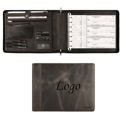 DUKE&COW Leather Business Check Binder - Zippered, 7 Ring, 600 Checks Capacity, 9 x 13 inch Sheets, Grey - color: Grey, size: Custom