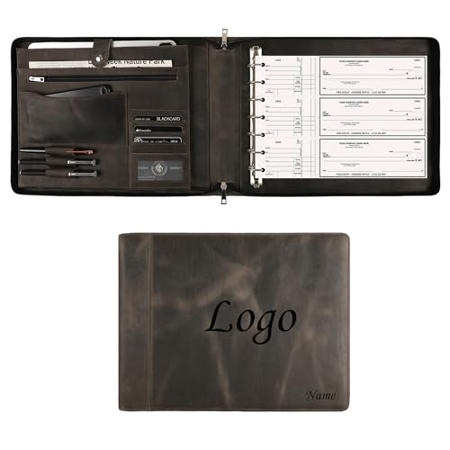 DUKE&COW Leather Business Check Binder - Zippered, 7 Ring, 600 Checks Capacity, 9 x 13 inch Sheets, Grey - color: Grey, size: Custom