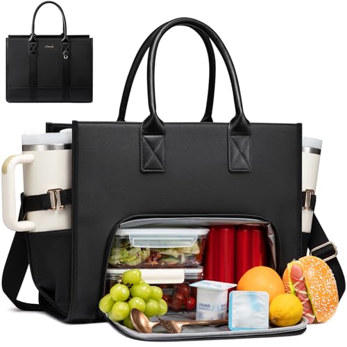 LOVEVOOK Work Tote Bag with Lunch Compartment with Giant Tumbler Holder,15.6 Inch Waterproof 3 in 1 Lunch Bag Women Men Laptop Bag Purse Tote with Padded Sleeve for Teacher,Nurse,College,Travel,Office - color: Black, size: 15.6 inch