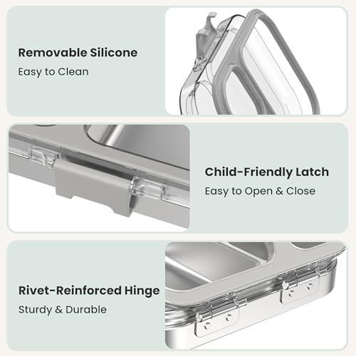 LOHASOK Kids Stainless Steel Lunch Bento Box BPA-Free Leak-Proof Tritan Lid 304 Metal Food Container with 3 Compartments for Girls Boys School Grey - color: Gray, size: 27oz/800ml