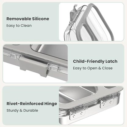 LOHASOK Kids Stainless Steel Lunch Bento Box BPA-Free Leak-Proof Tritan Lid 304 Metal Food Container with 3 Compartments for Girls Boys School Grey - color: Gray, size: 27oz/800ml
