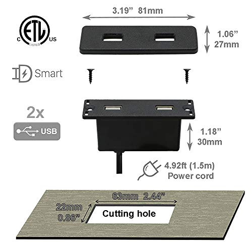 Powered USB Hub Socket Recessed USB Power Strip Outlet with Power Supply 2 USB Ports 2.1A Mounted into Bed Desk Table Sofa - color: Black