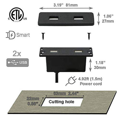 Powered USB Hub Socket Recessed USB Power Strip Outlet with Power Supply 2 USB Ports 2.1A Mounted into Bed Desk Table Sofa - color: Black