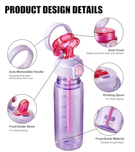 TKK Sports Water Bottle with Straw & Build-in Carrying Handle, Spill-Proof 2-in 1 Lid, 20 oz Plastic Bottles, Dishwasher Safe, Leak-Proof Locking Lid for Kids, Outdoor, School Backpack, Purple - color: Purple