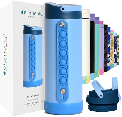 Elemental Iconic Kids Water Bottle for School - 100% Leak-Proof Insulated Water Bottles with Straw Lid & Pop-It Handle for Boys & Girls - Triple-Wall Insulated & BPA-Free, 14oz – Ocean Blue - color: Ocean Blue, size: 14 Ounces