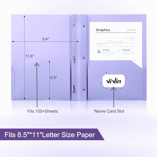 ViVin Sturdy Plastic Folder with Pockets,6 Pack,Heavy Duty Two Pocket 3 Prong Folders,Holds Letter Size Paper,File Folders with Business Card Slot for School Home and Office(Light Purple) - color: Light Purple, size: 6 PACK