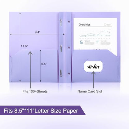 ViVin Sturdy Plastic Folder with Pockets,12 Pack,Heavy Duty Two Pocket 3 Prong Folders,Holds Letter Size Paper,File Folders with Business Card Slot for School Home and Office(Light Purple) - color: Light Purple, size: 12 PACK