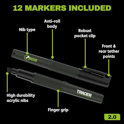 Tracer 2.0 Pack of 12 Chisel Tip Permanent Markers Black - Bulk Wide Tip Black Markers for Adults Carpentry and Construction Markers - Thick Wide Chisel Tip Marker Pens - 100 Hour Cap Off Time - size: 1 Count (Pack of 12)