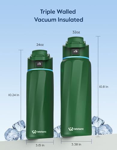 WaterH BOOST Smart Water Bottle Tracker with Reminder to Drink Water, 24oz | BPA-Free Double Wall Vacuum Insulated Stainless Steel, Leakproof, Smart App Tracking, Fits Cup Holders, Wide Mouth for School - color: Emerald Green, size: 24 Ounces