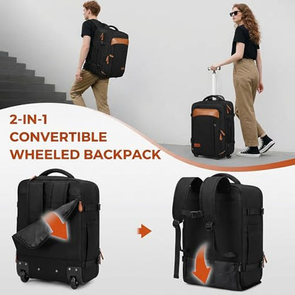 Vancropak Travel Backpack with Wheels, Rolling Backpack Fits 17.3" Laptop | Flight Approved Wheeled Luggage, Expandable Business Travel Suitcase, Womens Work Backpack, 3 Packing Cubes, Water Resistant - color: Black Brown