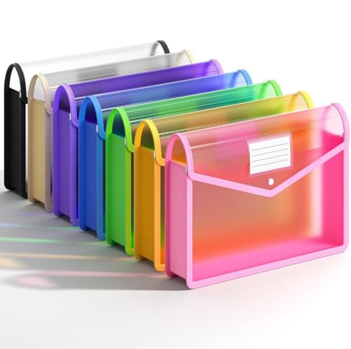 Plastic Expanding File Folder, Transparent Envelopes with Snap Closure | No Dividers, Large Capacity, Assorted Colors, Fits Legal / B4 Size for School, Office, Home, Hospital, 7 Colors - color: Pink + Yellow + Green + Blue + Purple + Brown + Black, size: