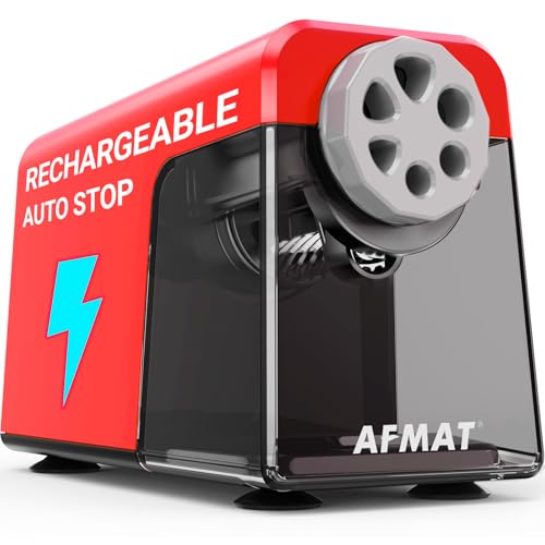 AFMAT Electric Pencil Sharpener 6 Hole, Cordless & Rechargeable, Colored Pencil Sharpener for 6-11mm Pencils, Auto Stop, Super Fast, 10,000+ Sharpenings, Battery Powered for Classroom/Home/Office PSD1 - color: Red