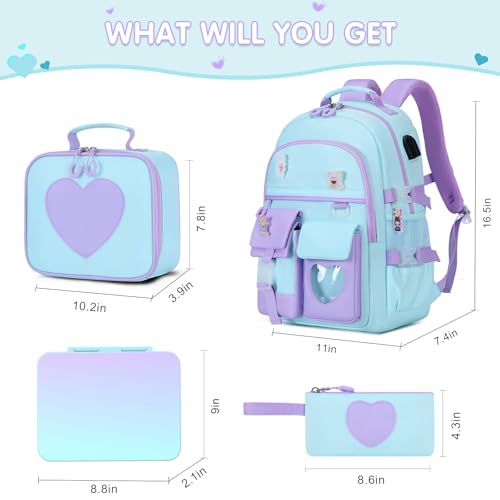 ACESAK Girls Backpack - Bento Box with Insulated Lunch Bag Pencil Case & Utensils Set for Kids, 6 Leakproof Compartments Removable Tray Lunches or Snack Container for School (Blue Purple) - color: Blue Purple