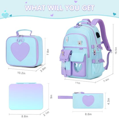 ACESAK Girls Backpack - Bento Box with Insulated Lunch Bag Pencil Case & Utensils Set for Kids, 6 Leakproof Compartments Removable Tray Lunches or Snack Container for School (Blue Purple) - color: Blue Purple