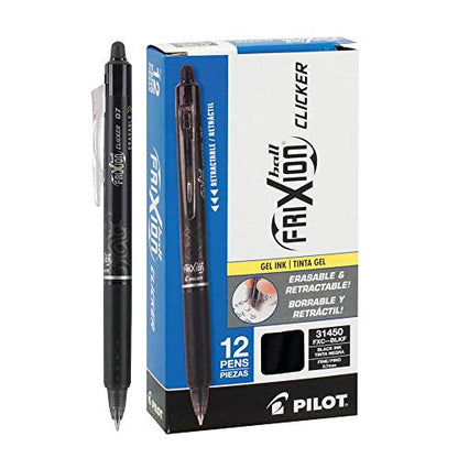 Pilot FriXion Ball Clicker Retractable Erasable Gel Pen, Fine Point, 0.7mm, Black Ink, 12 Count