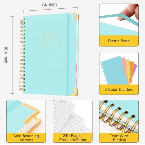 Huhuhero Lined Spiral Notebook Journal, 5 Subject Notebook with Dividers, 7.6" x 10.5", 240 Pages Hardcover Journals for Women Men Writing Work Note Taking, Office School Supplies (Green) - color: Mint Green